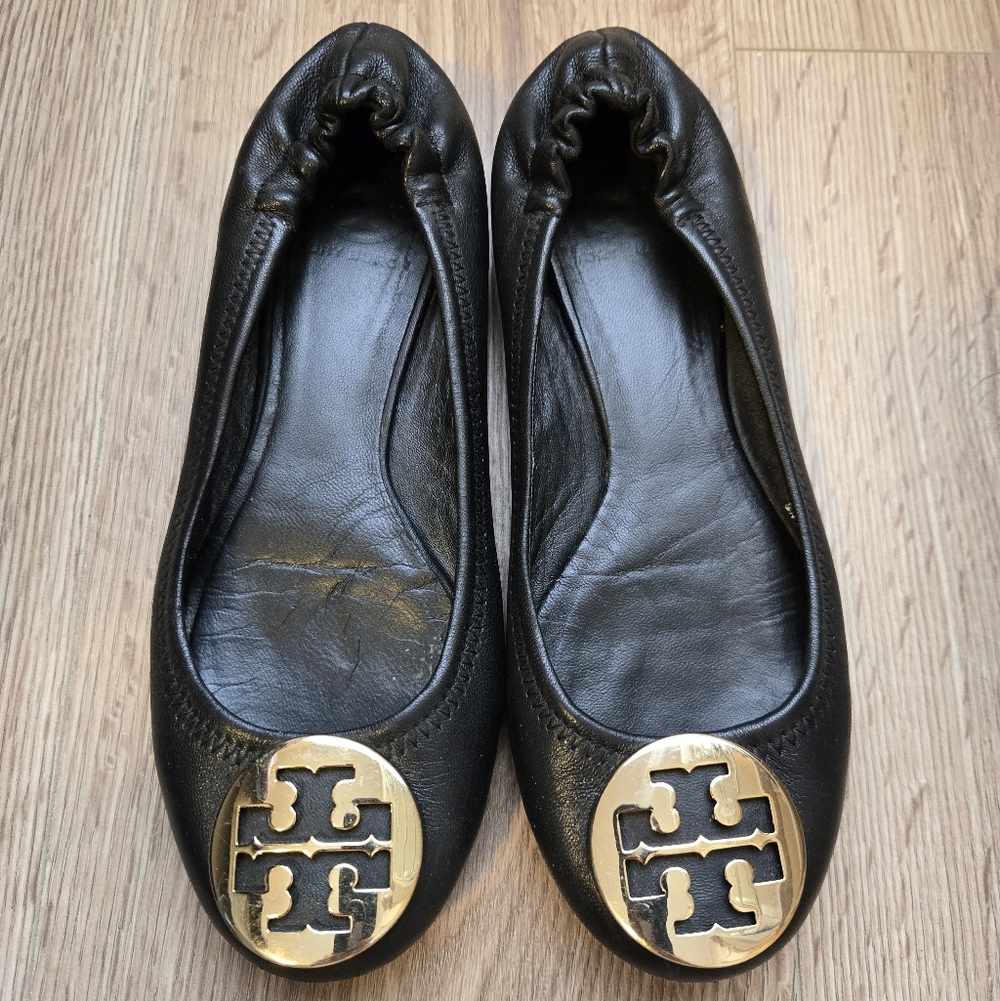 Tory Burch Black Flats with Gold Logo
